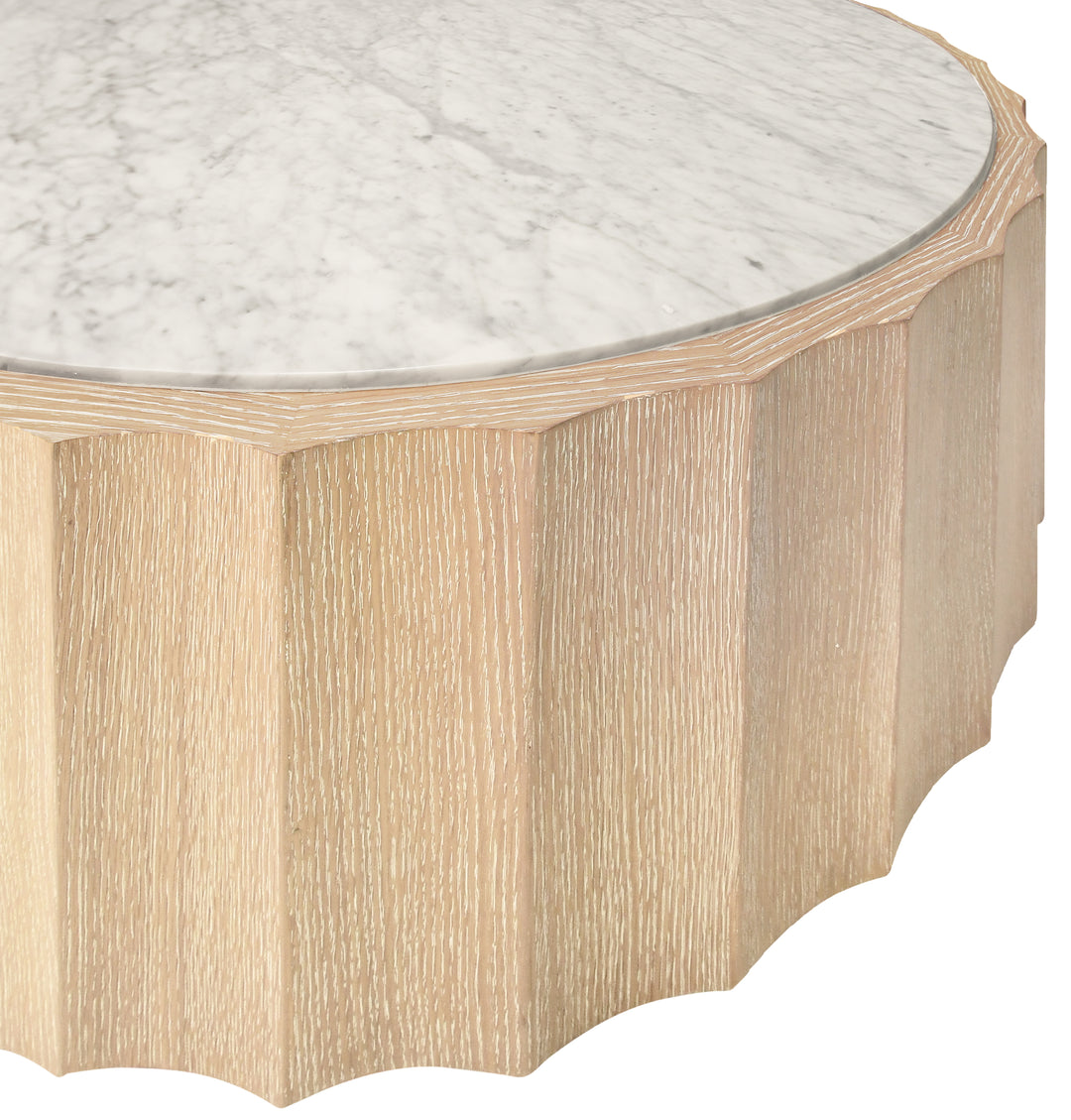 Round Coffee Table With Fluted Detail In Cerused Oak With White Carrara Marble Top - MOORE CO