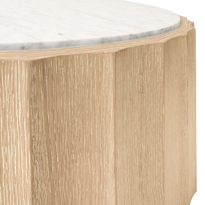 Round Coffee Table With Fluted Detail In Cerused Oak With White Carrara Marble Top - MOORE CO
