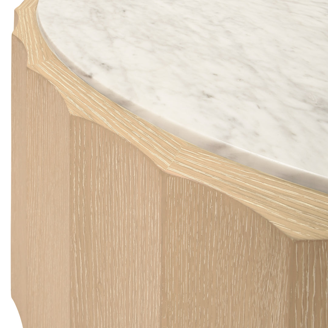 Round Coffee Table With Fluted Detail In Cerused Oak With White Carrara Marble Top - MOORE CO