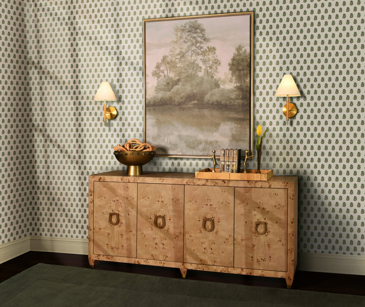Four Door Buffet With Satin Brass Horsebit Inspired Hardware And Foot Caps In Burl Wood - MULLIGAN BW