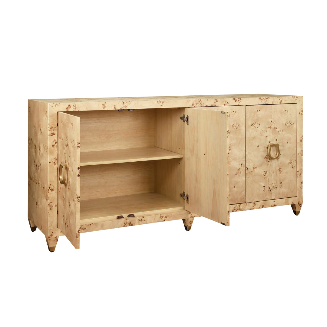 Four Door Buffet With Satin Brass Horsebit Inspired Hardware And Foot Caps In Burl Wood - MULLIGAN BW
