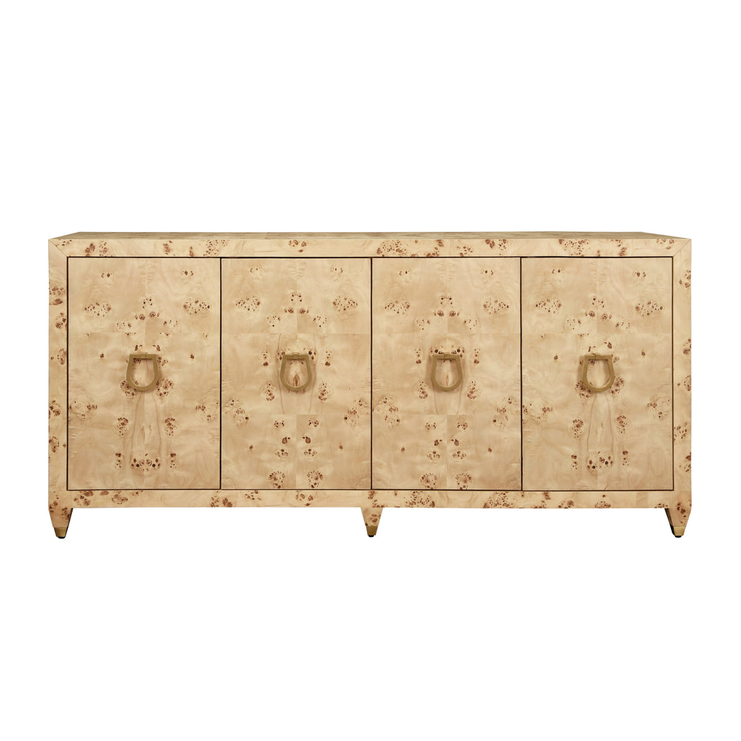 Four Door Buffet With Satin Brass Horsebit Inspired Hardware And Foot Caps In Burl Wood - MULLIGAN BW
