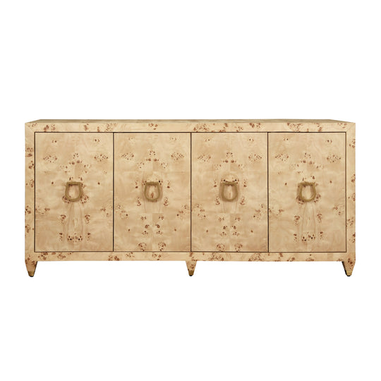 Four Door Buffet With Satin Brass Horsebit Inspired Hardware And Foot Caps In Burl Wood - MULLIGAN BW