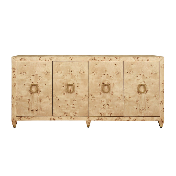 Four Door Buffet With Satin Brass Horsebit Inspired Hardware And Foot Caps In Burl Wood - MULLIGAN BW