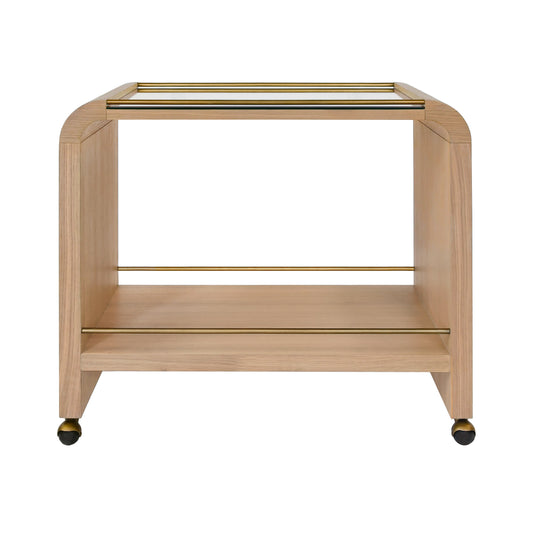 Waterfall Edge Bar Cart With Antique Brass Rails In Natural Oak - MYER NO