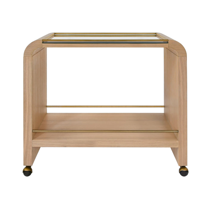Waterfall Edge Bar Cart With Antique Brass Rails In Natural Oak - MYER NO