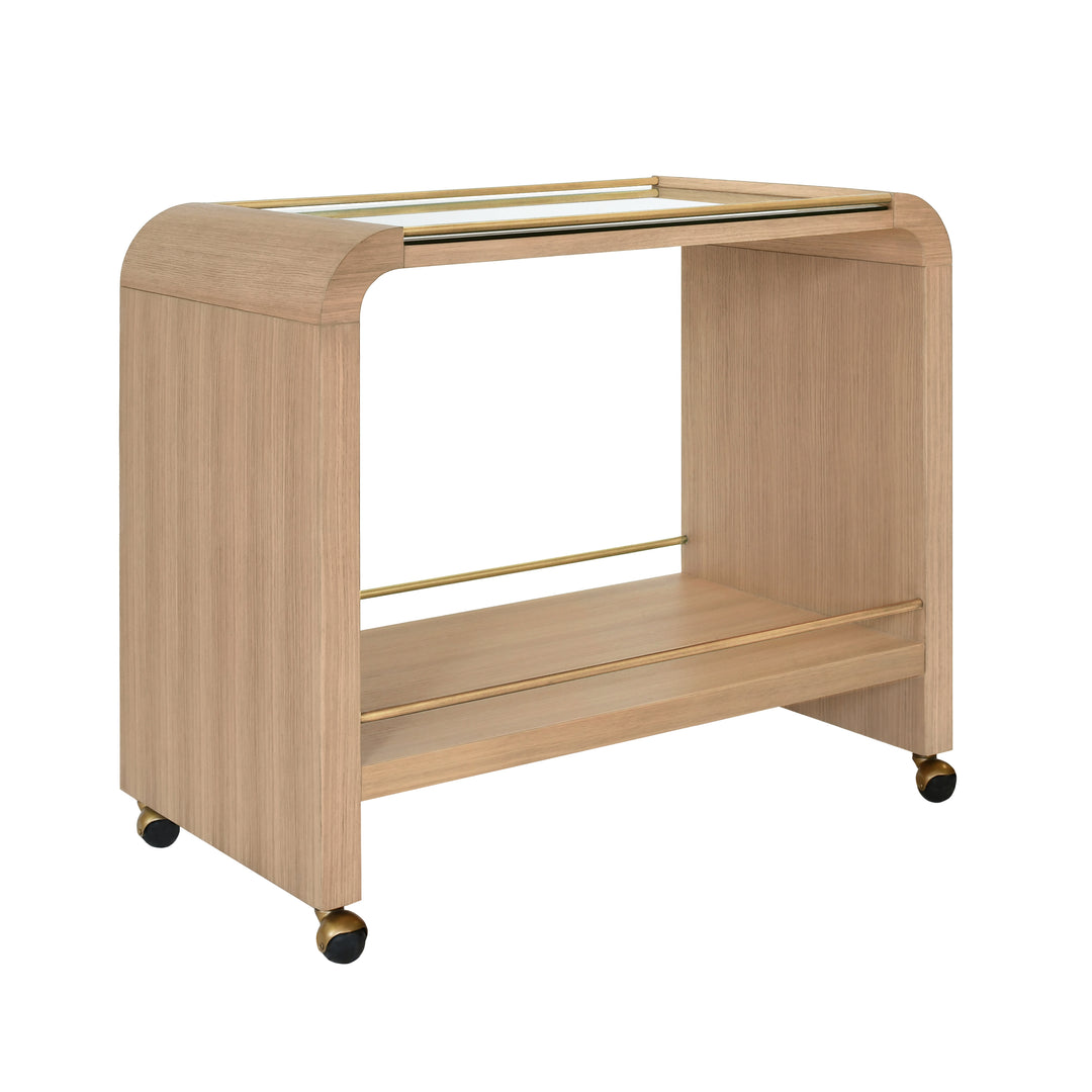 Waterfall Edge Bar Cart With Antique Brass Rails In Natural Oak - MYER NO