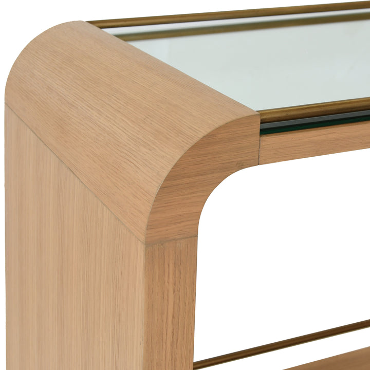 Waterfall Edge Bar Cart With Antique Brass Rails In Natural Oak - MYER NO
