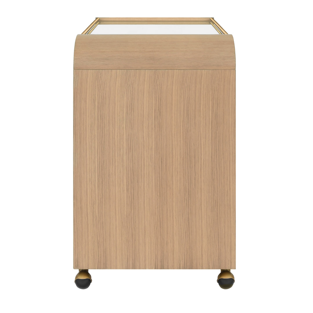 Waterfall Edge Bar Cart With Antique Brass Rails In Natural Oak - MYER NO