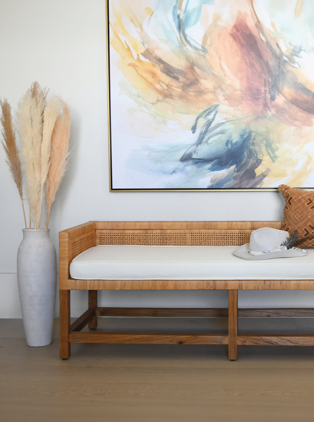 Cane Bench With Low Seat Back And Ivory Linen Cushion - MONTEREY
