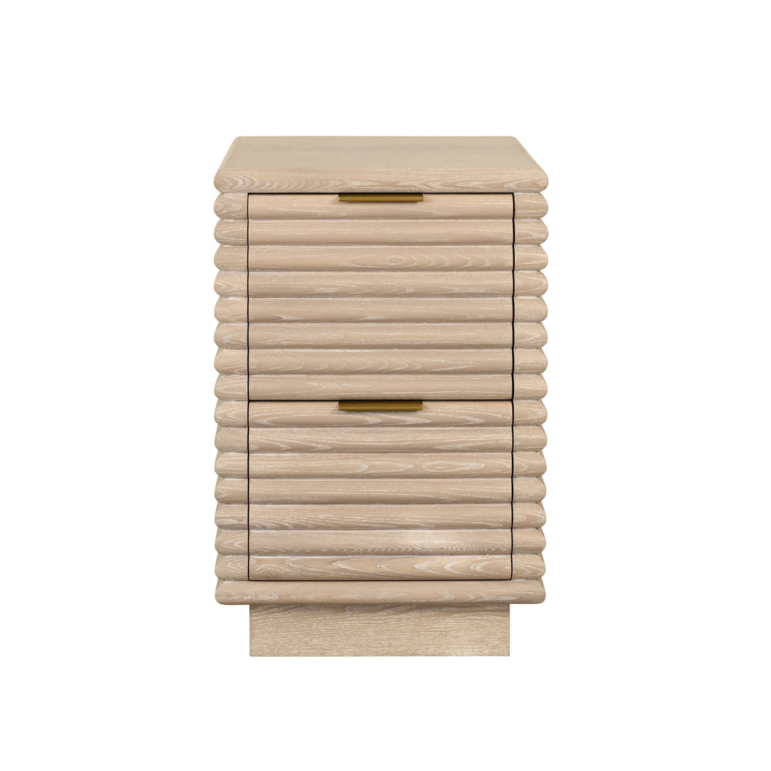Two Drawer Side Table With Antique Brass Hardware And Large Horizontal Reeds In Cerused Oak - NAYLA CO