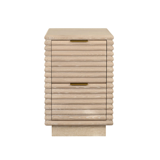 Two Drawer Side Table With Antique Brass Hardware And Large Horizontal Reeds In Cerused Oak - NAYLA CO