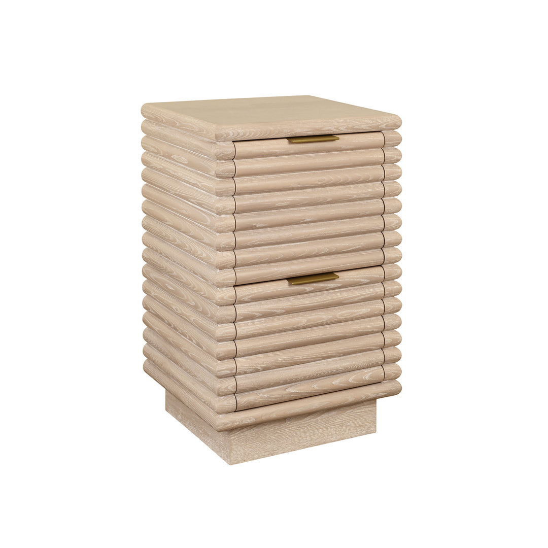 Two Drawer Side Table With Antique Brass Hardware And Large Horizontal Reeds In Cerused Oak - NAYLA CO