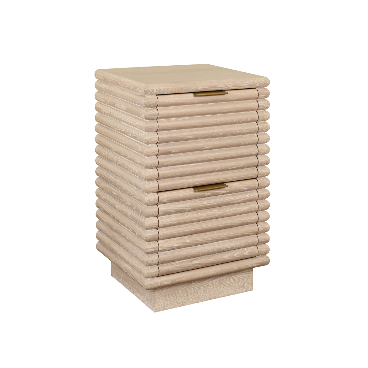 Two Drawer Side Table With Antique Brass Hardware And Large Horizontal Reeds In Cerused Oak - NAYLA CO