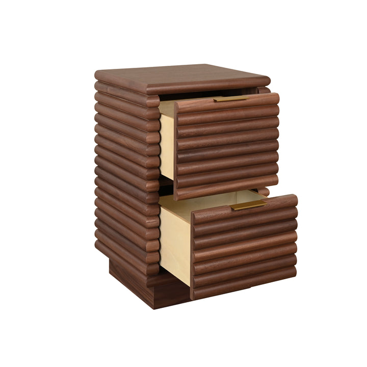 Two Drawer Side Table With Antique Brass Hardware And Large Horizontal Reeds In Walnut - NAYLA WAL
