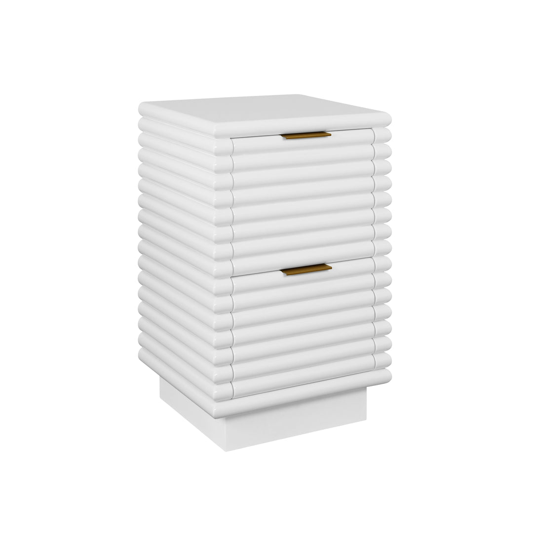 Two Drawer Side Table With Antique Brass Hardware And Large Horizontal Reeds In White Lacquer - NAYLA WH