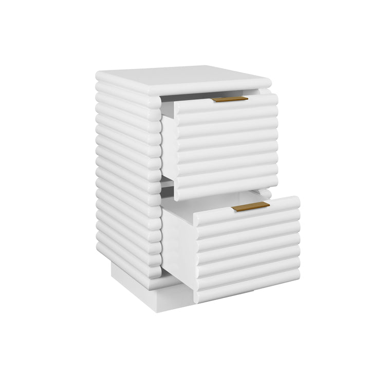 Two Drawer Side Table With Antique Brass Hardware And Large Horizontal Reeds In White Lacquer - NAYLA WH