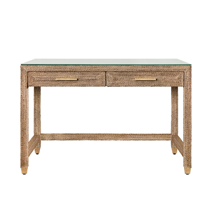 Two Drawer Desk In Wrapped Rope With Glass Top And Brass Foot Caps - NOBLE