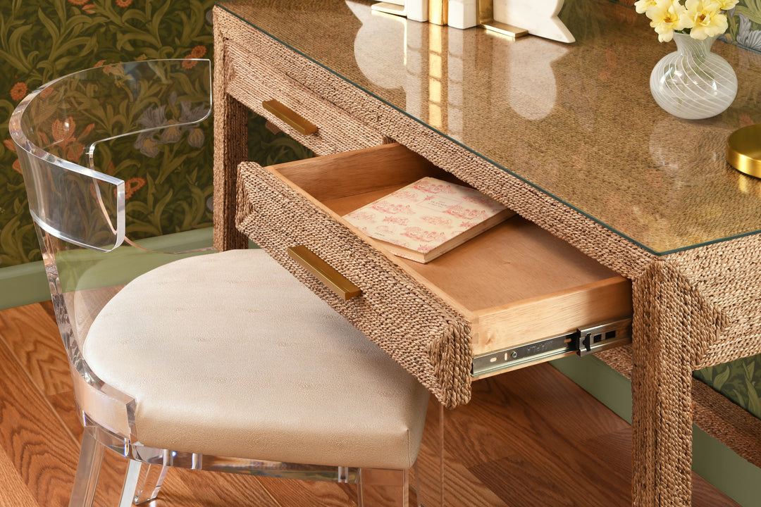 Two Drawer Desk In Wrapped Rope With Glass Top And Brass Foot Caps - NOBLE
