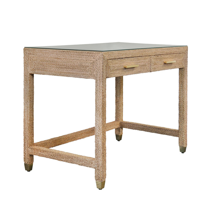 Two Drawer Desk In Wrapped Rope With Glass Top And Brass Foot Caps - NOBLE