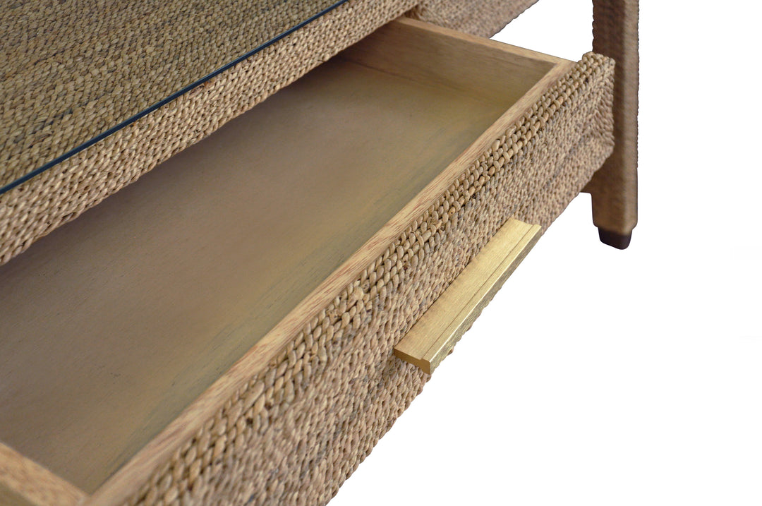 Two Drawer Desk In Wrapped Rope With Glass Top And Brass Foot Caps - NOBLE