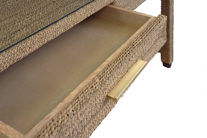 Two Drawer Desk In Wrapped Rope With Glass Top And Brass Foot Caps - NOBLE