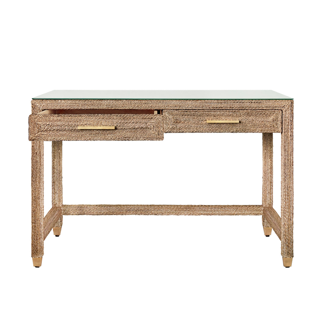 Two Drawer Desk In Wrapped Rope With Glass Top And Brass Foot Caps - NOBLE