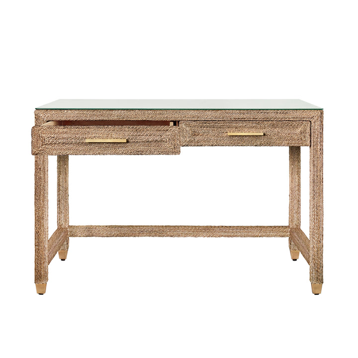 Two Drawer Desk In Wrapped Rope With Glass Top And Brass Foot Caps - NOBLE