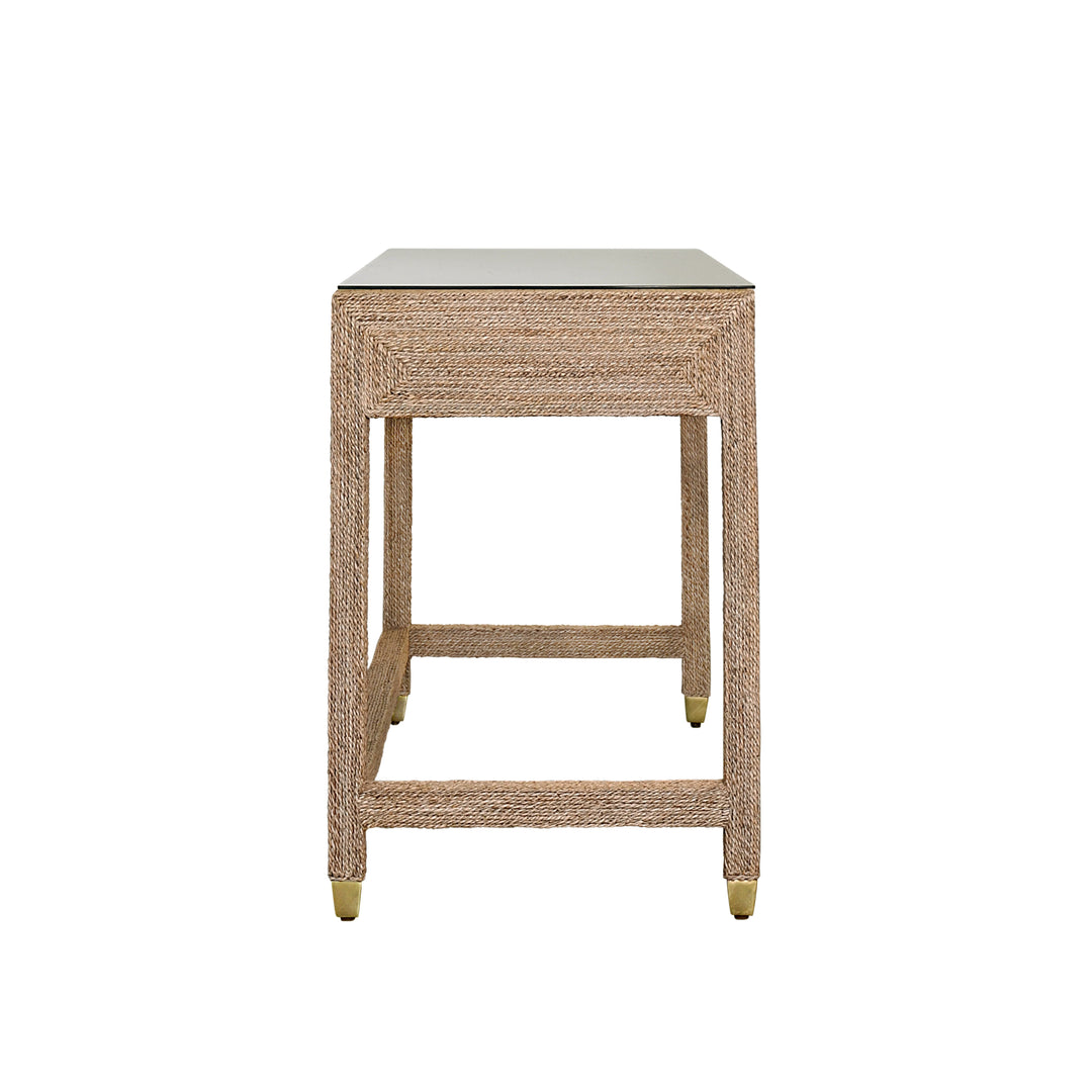 Two Drawer Desk In Wrapped Rope With Glass Top And Brass Foot Caps - NOBLE