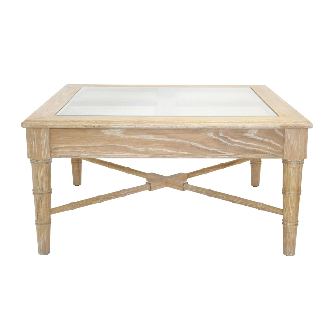 Square Coffee Table With Inset Cane Top And Faux Bamboo Legs In Cerused Oak - NOREEN CO
