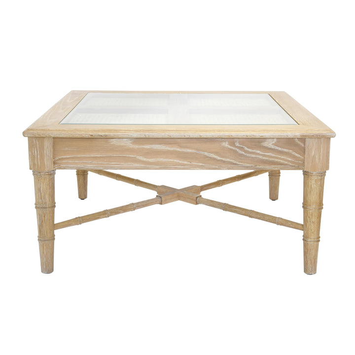 Square Coffee Table With Inset Cane Top And Faux Bamboo Legs In Cerused Oak - NOREEN CO