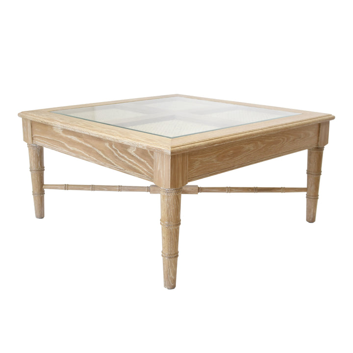 Square Coffee Table With Inset Cane Top And Faux Bamboo Legs In Cerused Oak - NOREEN CO