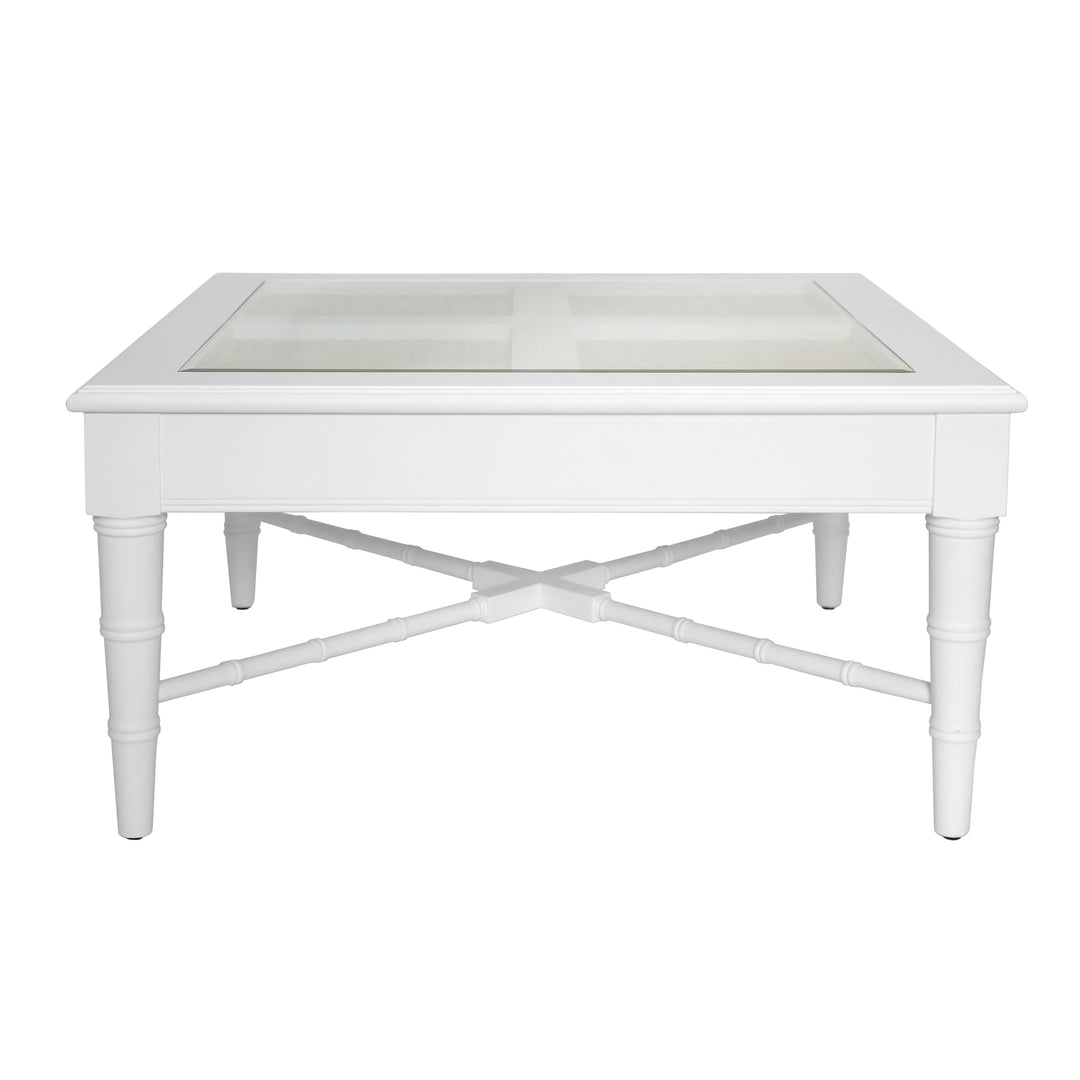 Square Coffee Table With Inset Cane Top And Faux Bamboo Legs In Matte White Lacquer - NOREEN WH
