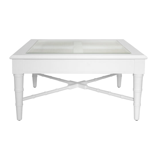 Square Coffee Table With Inset Cane Top And Faux Bamboo Legs In Matte White Lacquer - NOREEN WH