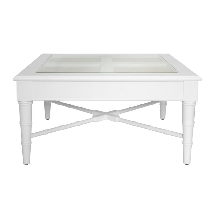 Square Coffee Table With Inset Cane Top And Faux Bamboo Legs In Matte White Lacquer - NOREEN WH