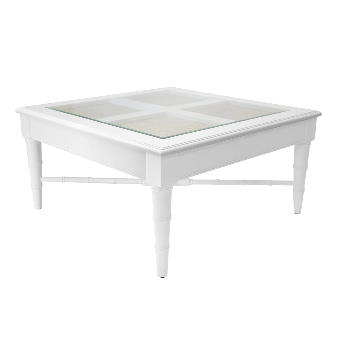 Square Coffee Table With Inset Cane Top And Faux Bamboo Legs In Matte White Lacquer - NOREEN WH