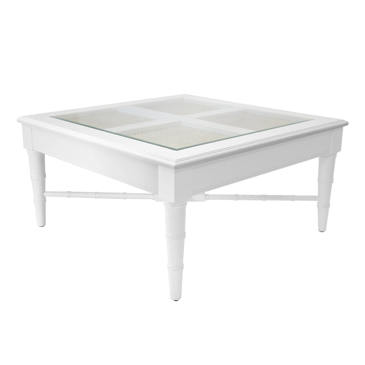 Square Coffee Table With Inset Cane Top And Faux Bamboo Legs In Matte White Lacquer - NOREEN WH