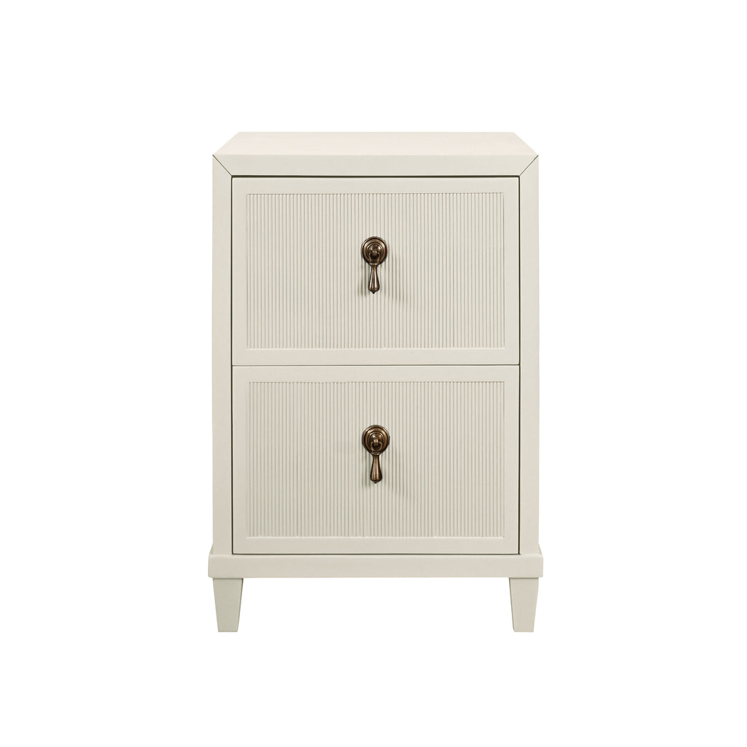 Two Drawer Side Table With Fluted Drawer Fronts In Matte Antique White Lacquer - NOVALIE AW