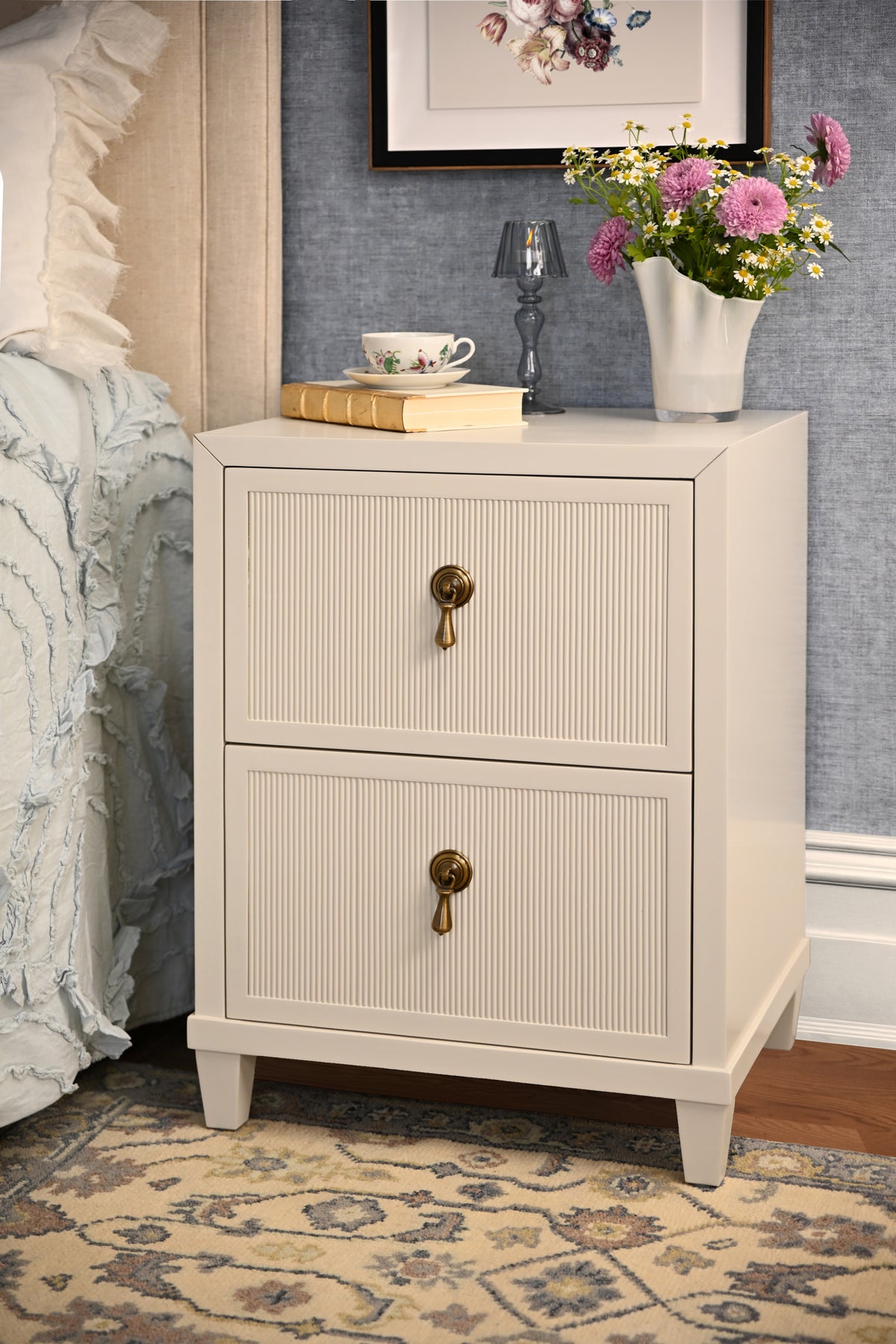 Two Drawer Side Table With Fluted Drawer Fronts In Matte Antique White Lacquer - NOVALIE AW
