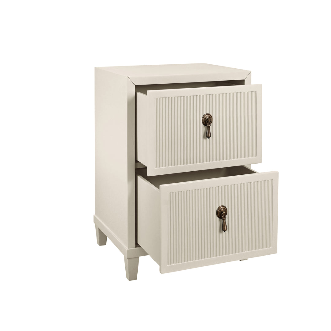 Two Drawer Side Table With Fluted Drawer Fronts In Matte Antique White Lacquer - NOVALIE AW