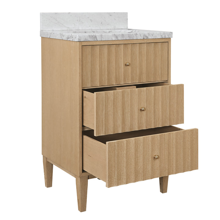 Bath Vanity With Vertical Fluted Detail With Polished Brass Knobs In Cerused Oak - ODIN 24 CO