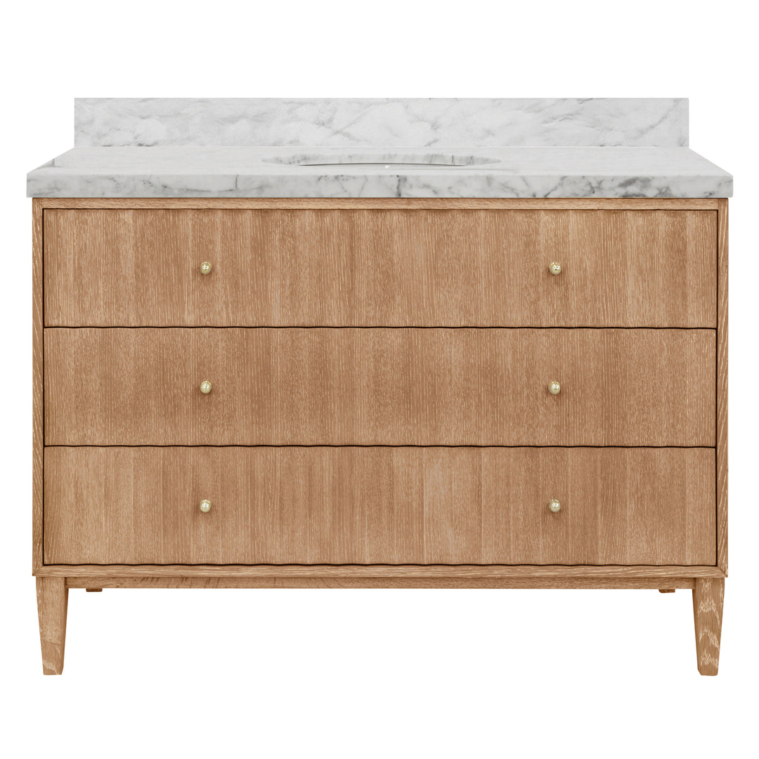 Bath Vanity With Vertical Fluted Detail On Drawers In Cerused Oak With White Marble Top, Porcelain Sink, And Polished Brass Knobs, 48" Wide - ODIN 48 CO