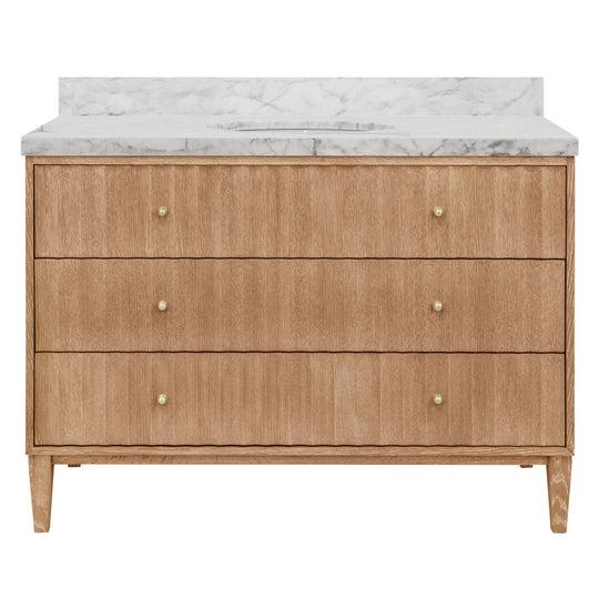 Bath Vanity With Vertical Fluted Detail On Drawers In Cerused Oak With White Marble Top, Porcelain Sink, And Polished Brass Knobs, 48" Wide - ODIN 48 CO
