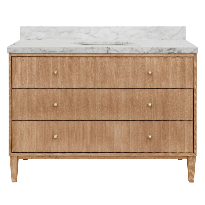 Bath Vanity With Vertical Fluted Detail On Drawers In Cerused Oak With White Marble Top, Porcelain Sink, And Polished Brass Knobs, 48" Wide - ODIN 48 CO