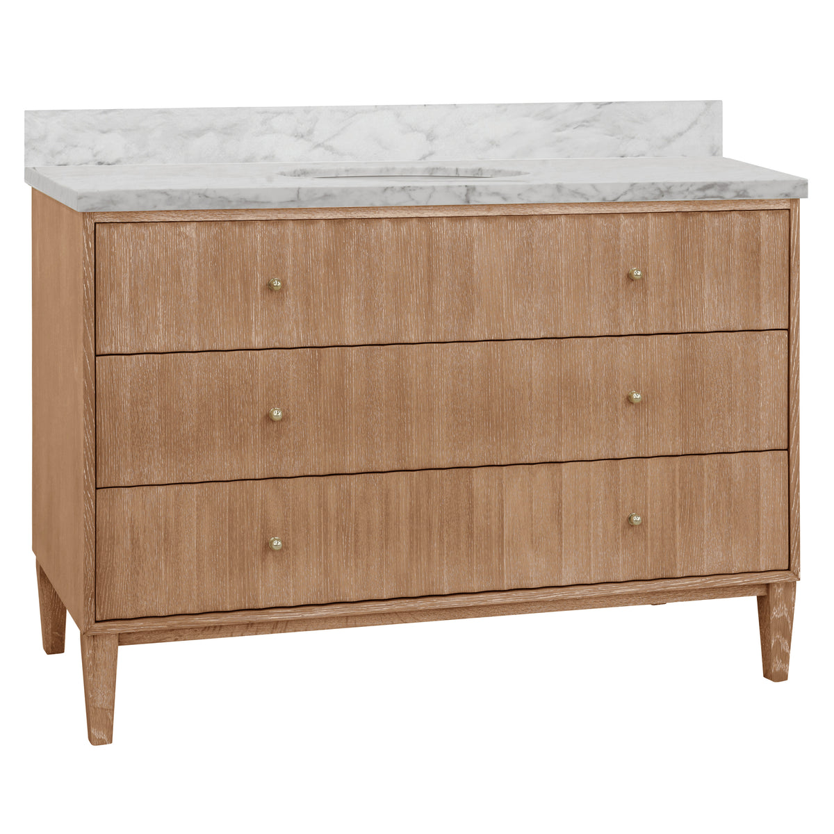 Bath Vanity With Vertical Fluted Detail On Drawers In Cerused Oak With White Marble Top, Porcelain Sink, And Polished Brass Knobs, 48" Wide - ODIN 48 CO
