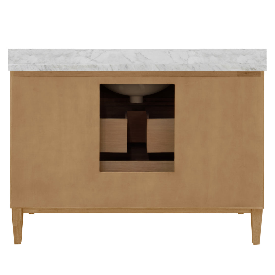 Bath Vanity With Vertical Fluted Detail On Drawers In Cerused Oak With White Marble Top, Porcelain Sink, And Polished Brass Knobs, 48" Wide - ODIN 48 CO