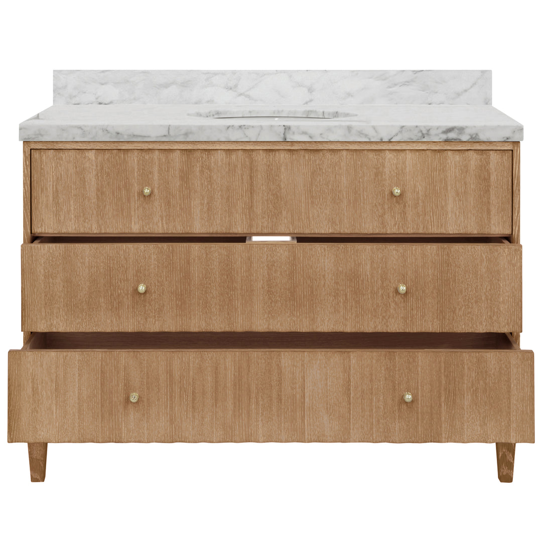 Bath Vanity With Vertical Fluted Detail On Drawers In Cerused Oak With White Marble Top, Porcelain Sink, And Polished Brass Knobs, 48" Wide - ODIN 48 CO