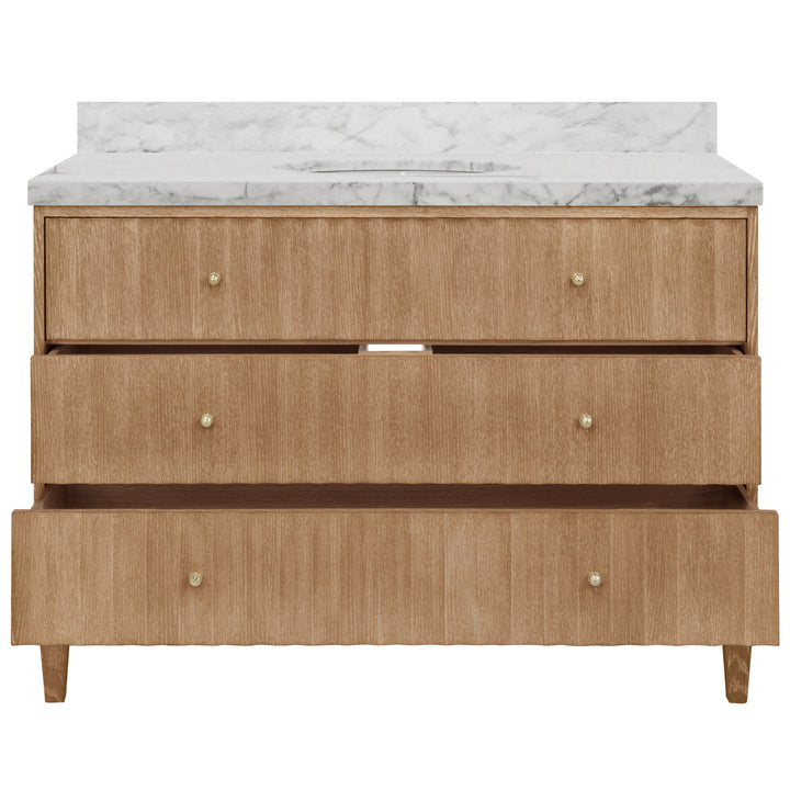 Bath Vanity With Vertical Fluted Detail On Drawers In Cerused Oak With White Marble Top, Porcelain Sink, And Polished Brass Knobs, 48" Wide - ODIN 48 CO