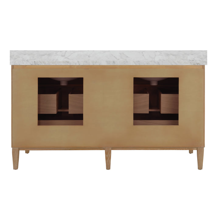 Bath Vanity With Vertical Fluted Detail On Drawers In Cerused Oak With White Marble Top, Double Porcelain Sinks, And Polished Brass Knobs, 60" Wide - ODIN 60 CO