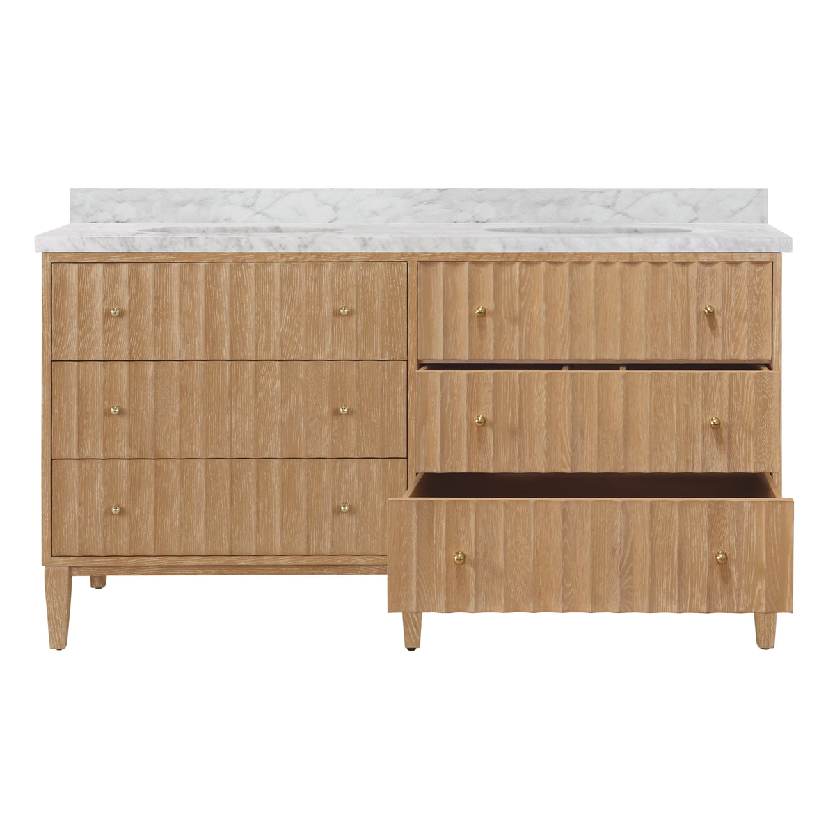Bath Vanity With Vertical Fluted Detail On Drawers In Cerused Oak With White Marble Top, Double Porcelain Sinks, And Polished Brass Knobs, 60" Wide - ODIN 60 CO